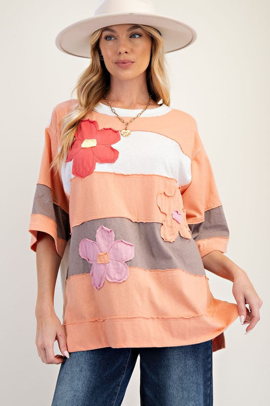 Easel Solid Floral Patch Stripe Tunic